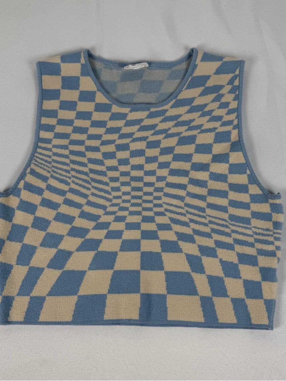 Lelis Checkered Knit Tank Top Blue Cream Optical Illusion Crop Sweater Vest - Picture 2 of 10